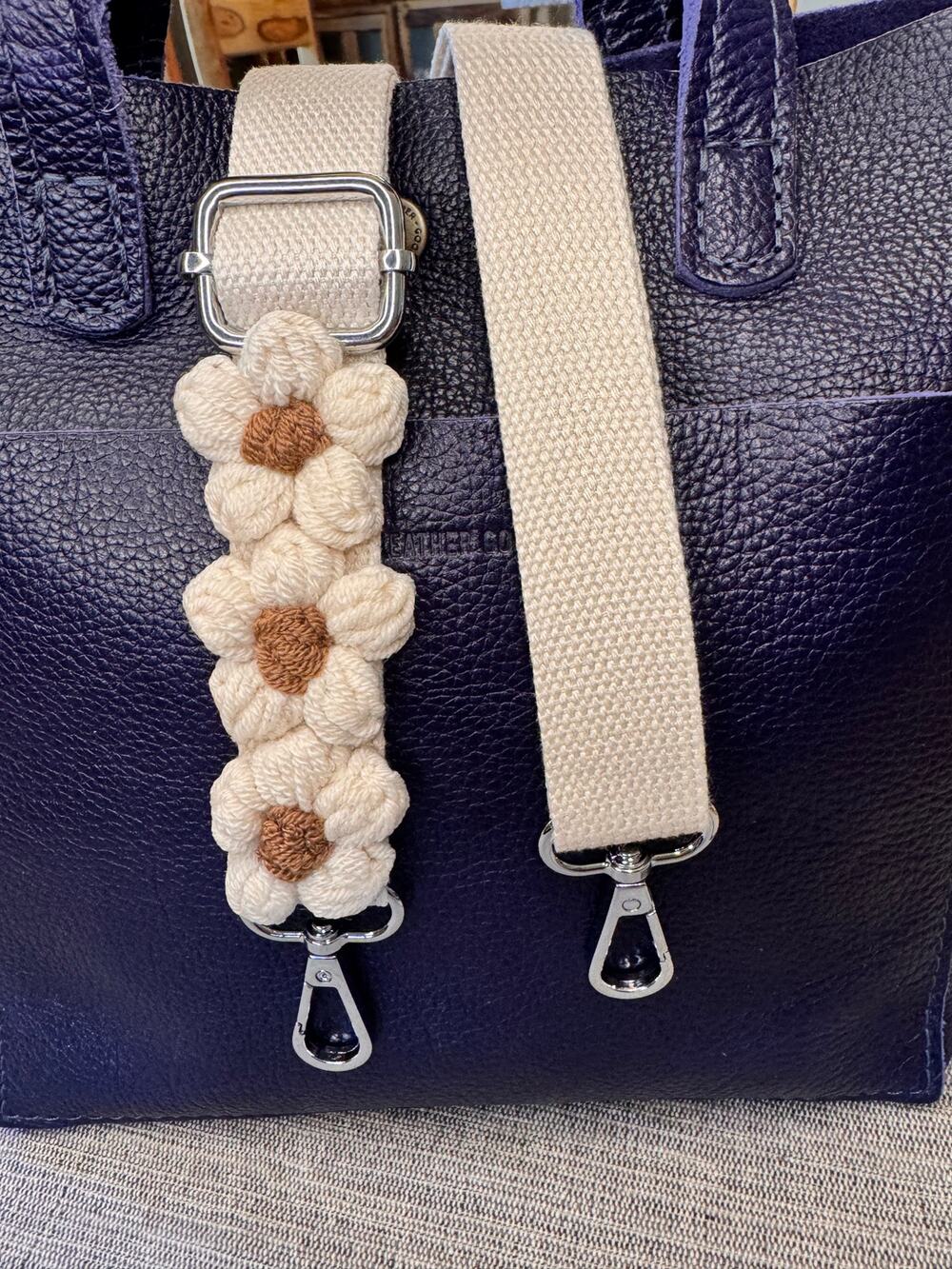 Cream Daisy Crochet Purse Strap Woven Bag Strap Crossbody Purse Strap Silver